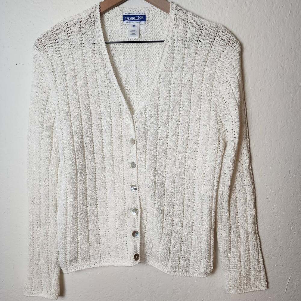 Vintage Pendleton Cardigan Sweater Womens Medium White Open Knit Button V Neck